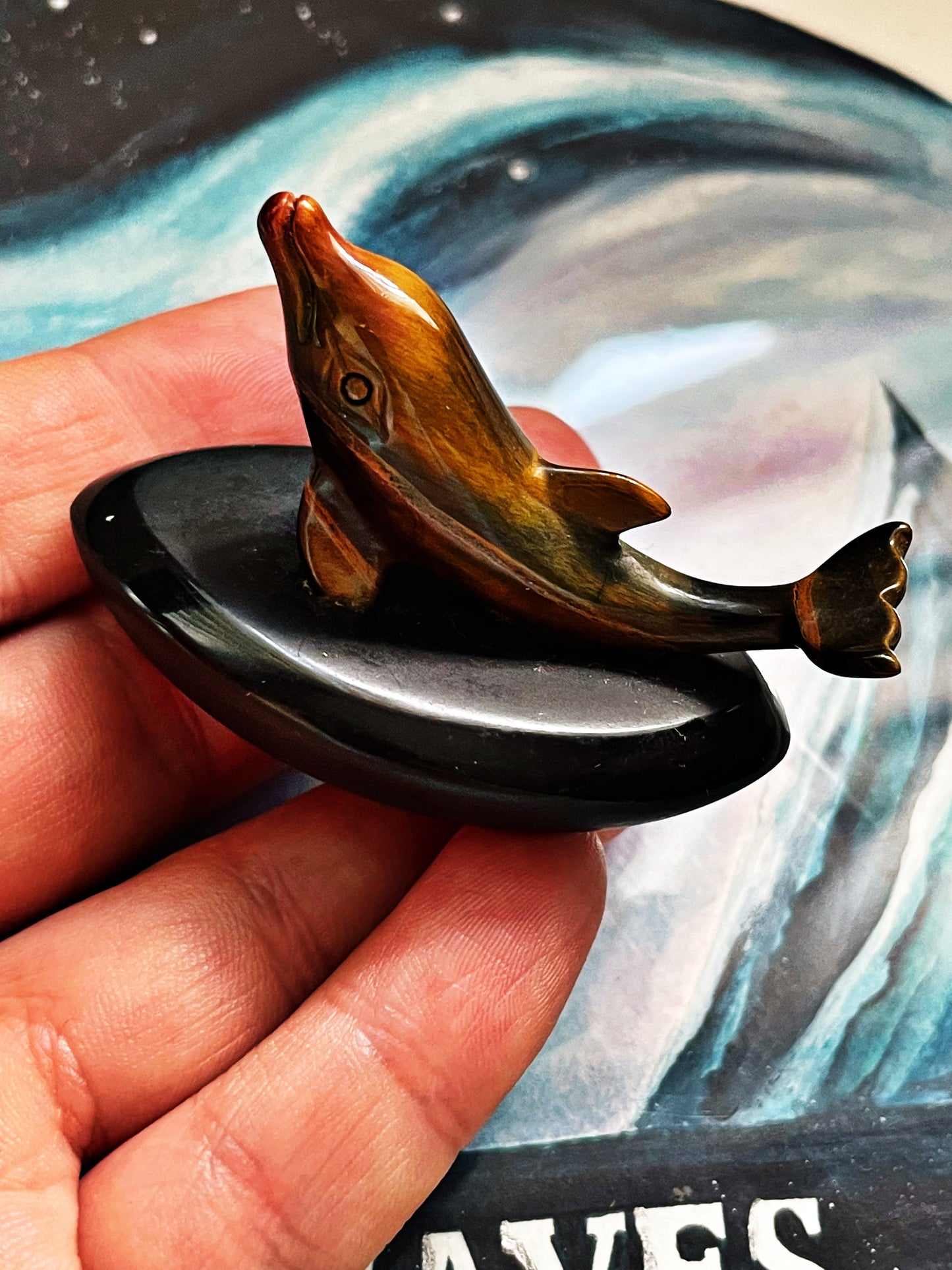 Tigers Eye Dolphin with Obsidian Base